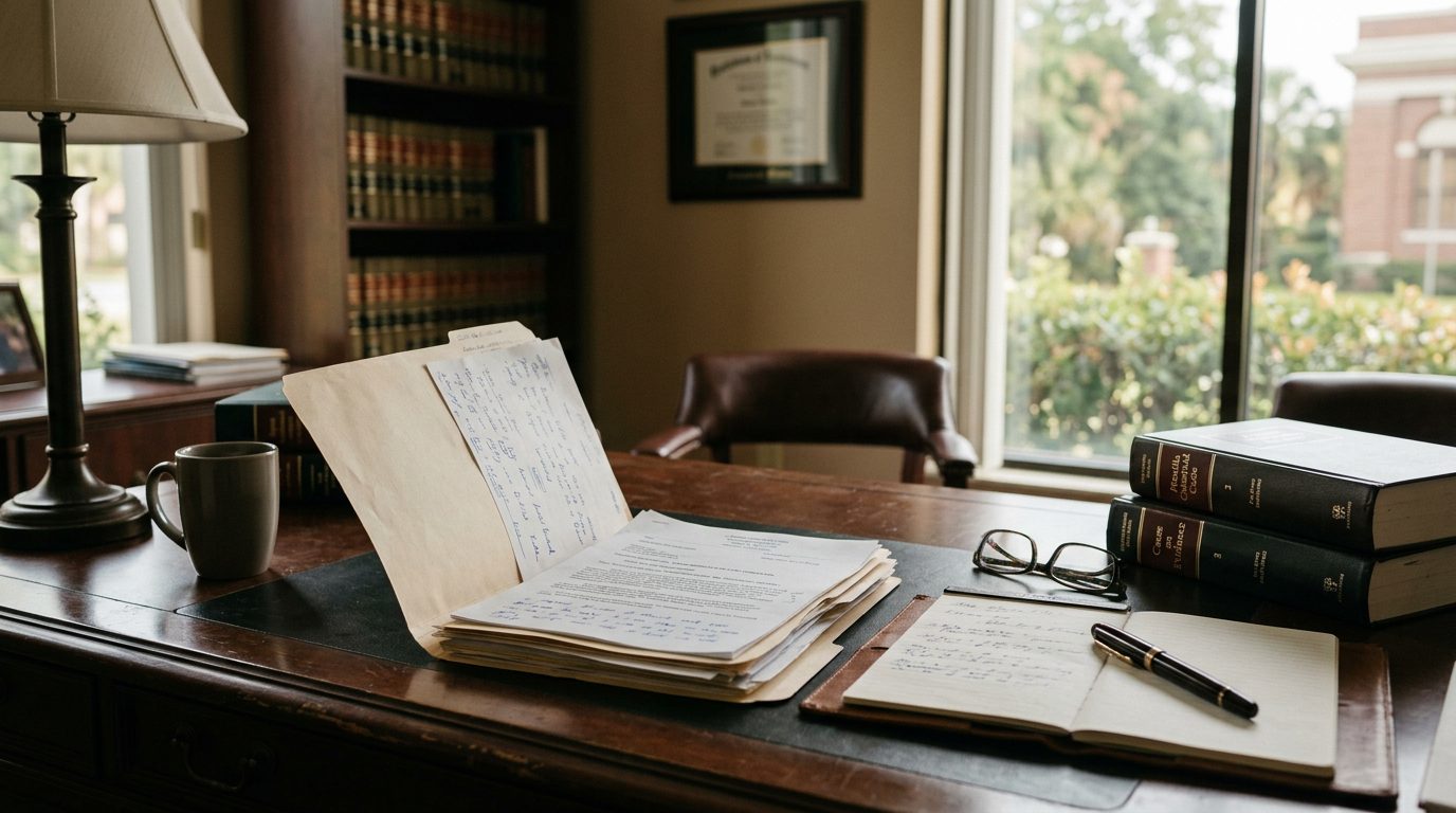 Wooden defense table, law books, and legal papers in a Florida courtroom, reflecting criminal defense work.